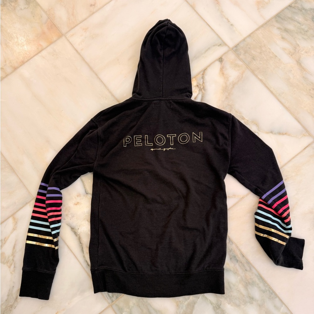 Spiritual Gangster x Peloton collaboration  Black Hoodie with Colorful Stripes